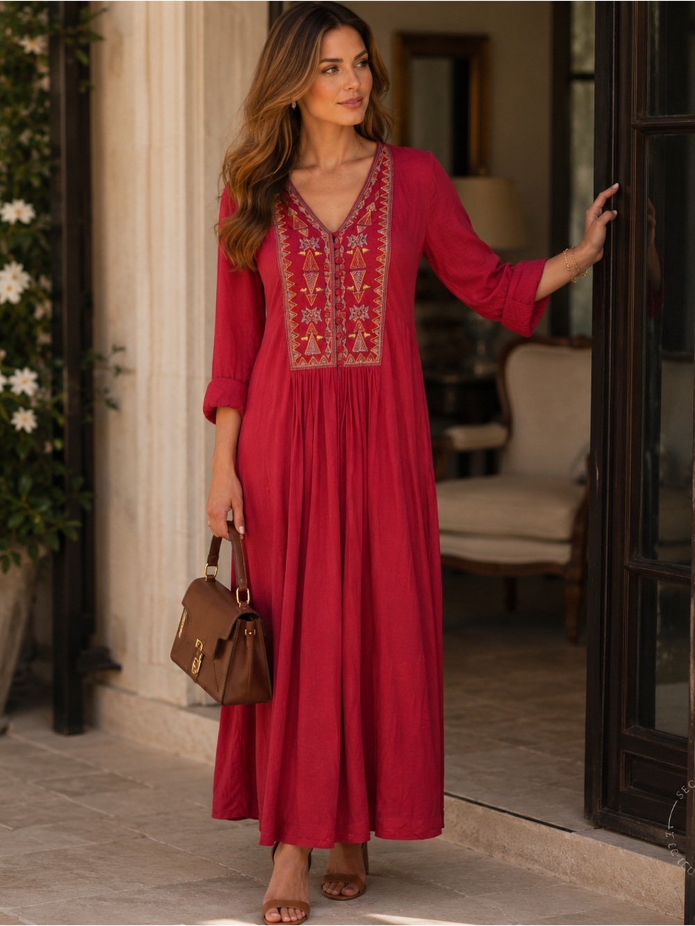 Ritu Kumar Essentials Red Embroidered Boho Maxi Dress M Viscose Style 8504